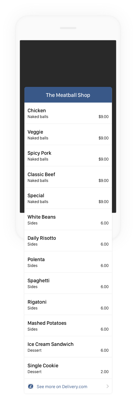 Menu list commerce card